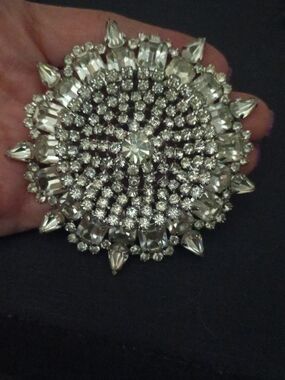 Crystal Sunburst Brooch - Silver-Tone Sparkling Statement Unsigned Kramer Of NY